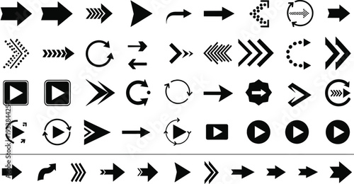 Arrow and play button icons set, navigation symbols isolated vector collection on white background