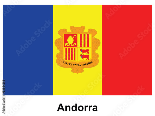 National flag of Andorra with vibrant colors and coat of arms design