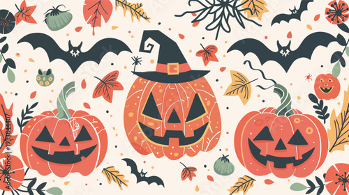 Halloween-themed  featuring pumpkins and bats, spooky seasonal home decor vector illustration