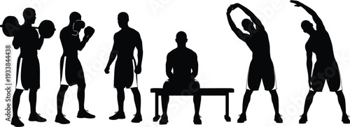 Boxer training silhouettes set, male athlete workout and stretching isolated vector collection