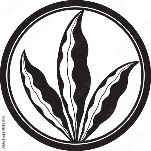 Black and white circular emblem with three stylized leaves also transparent background symbol circle
