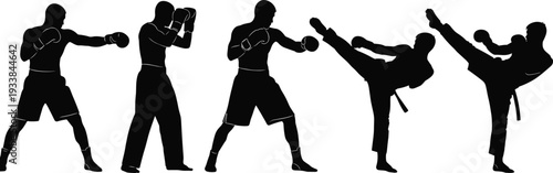 Boxing and kickboxing silhouettes set, male fighters punching and kicking isolated vector illustration