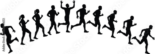 Running men and women silhouettes collection, jogging athletes isolated vector set on white background