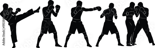 Boxing fighter silhouettes collection, male boxer punching and kicking isolated vector illustration set