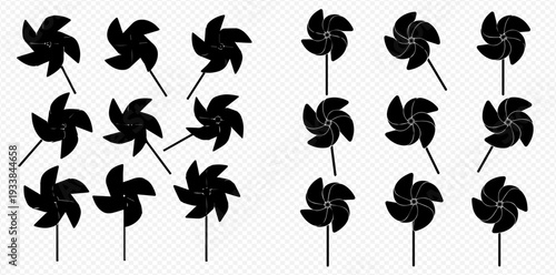 Black Pinwheel Icons Set on Transparent Background, Collection of Windmill Symbols, Isolated Vector Illustration for Design Elements.