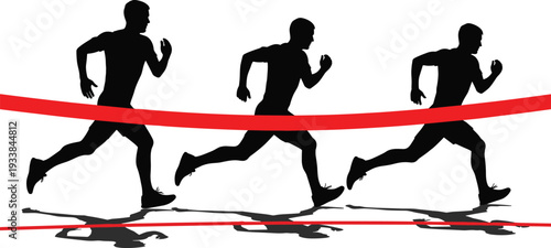 Runner crossing finish line silhouette, male athlete marathon victory isolated vector illustration