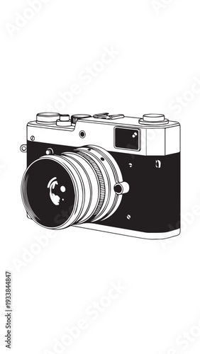 Stylized vintage camera illustration featuring a classic lens and retro detailing.