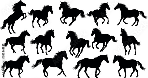 Collection of black horse silhouettes in various poses