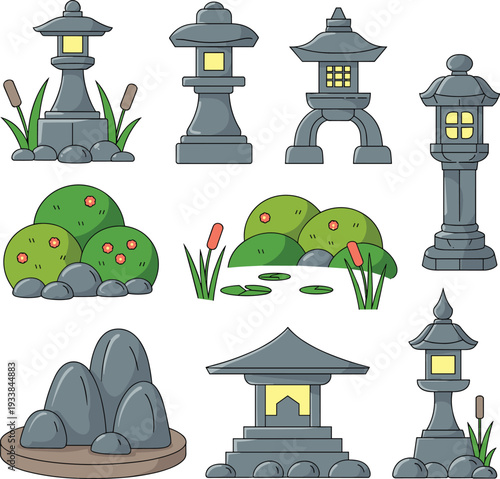 Traditional Japanese garden elements, stone lanterns and pagoda vector illustration, cultural heritage design inspiration, ornamental rocks, bushes, flowers, lily pads