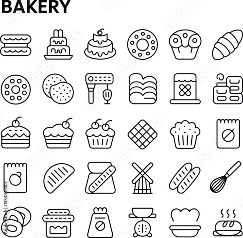 Bakery line icons set vector illustration, bread cake pastry cooking tools editable stroke outline collection isolated white background