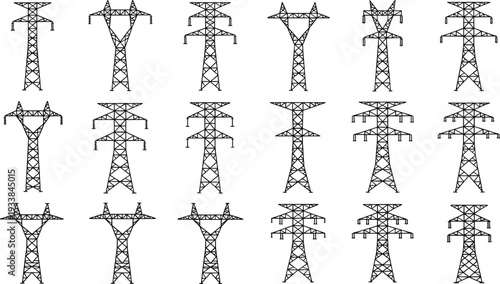 Electric transmission tower set, high voltage power line pylons isolated vector collection