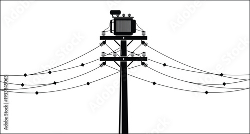 Electric utility pole transformer silhouette, power distribution lines isolated vector illustration