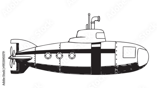 Historic black and white boat silhouette with streamlined hull and deck details for a vintage transport scene.