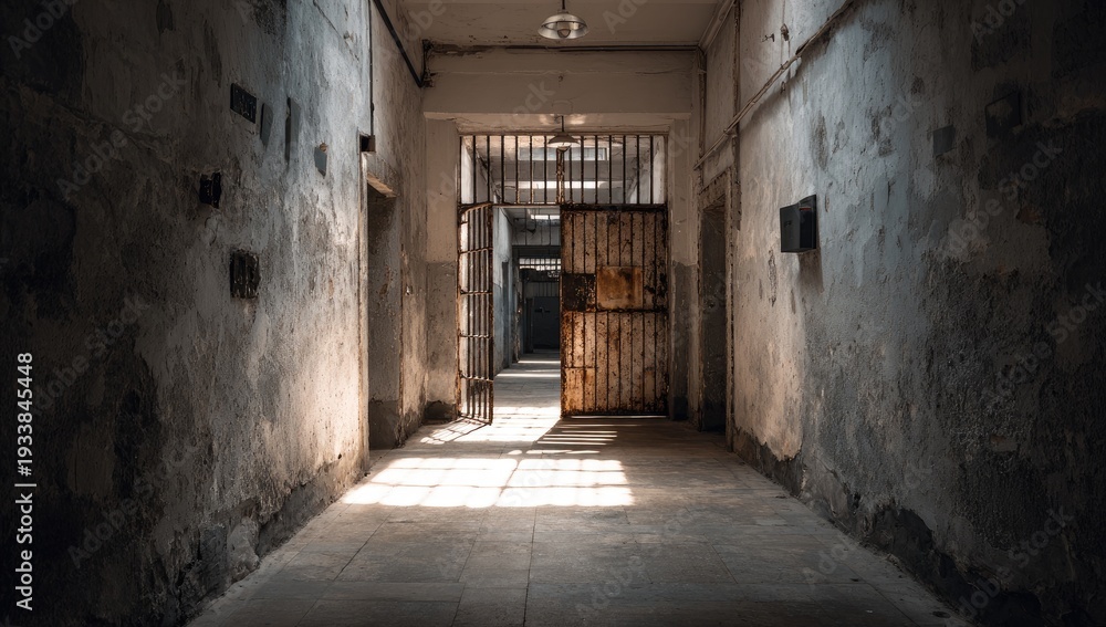 Fototapeta premium Long, dimly lit corridor in an old prison, with cell doors and barred exit
