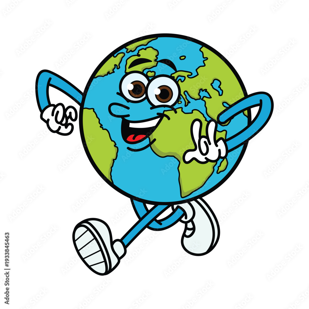 Obraz premium Cartoon Earth Walking with Joyful Expression Vector Illustration