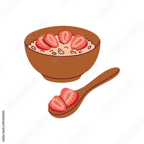 Healthy oatmeal porridge bowl with fresh strawberry slices and wooden spoon for breakfast menu design and fitness blog nutrition posts
