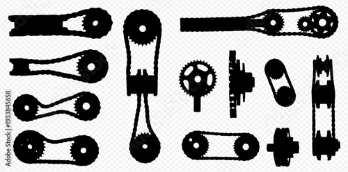 Set of various black silhouette mechanical gear and chain systems on a transparent background.