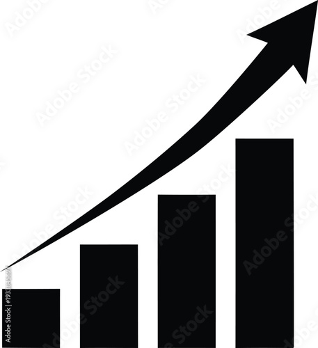 Increasing trend graph with arrow pointing upwards on white background