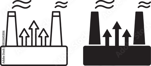 Black and white industrial factory with three smoke stacks releasing steam also transparent background