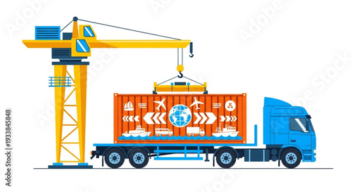 Container Truck Loading Crane Industrial Logistics Transport.