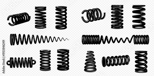 Set of realistic black metal springs of various shapes and sizes for industrial and mechanical applications.