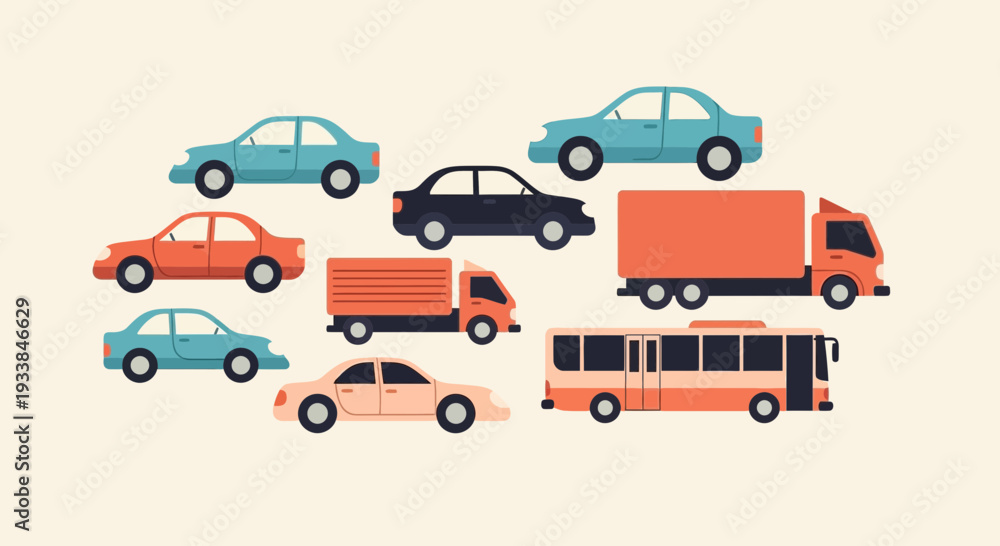 Fototapeta premium Stylized Cars, Trucks and Bus in Traffic Scene