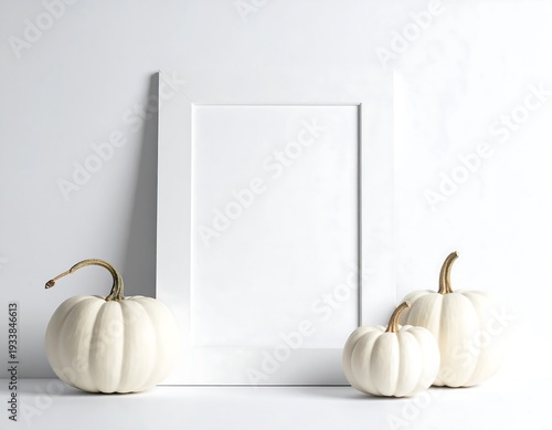 A stark white frame rests against a white wall, flanked by three cream-colored gourds on a matching surface