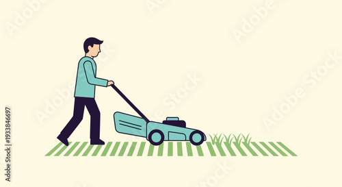 Man Pushing Lawn Mower Across Striped Green Yard