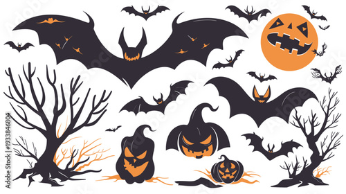 Halloween bat and flying bats, spooky Halloween decoration vector illustration