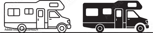 Black and white line of camper vans with awning and windows also transparent background line black
