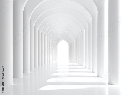 A stark white corridor of arched doorways and tall columns leads towards a bright light at the end, reflecting on the floor