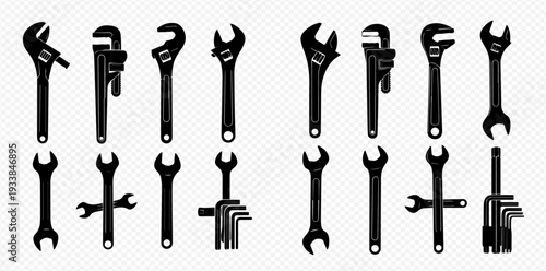 Collection of various wrench tools in silhouette design, including adjustable, pipe, and hex wrenches, for repair and construction work.