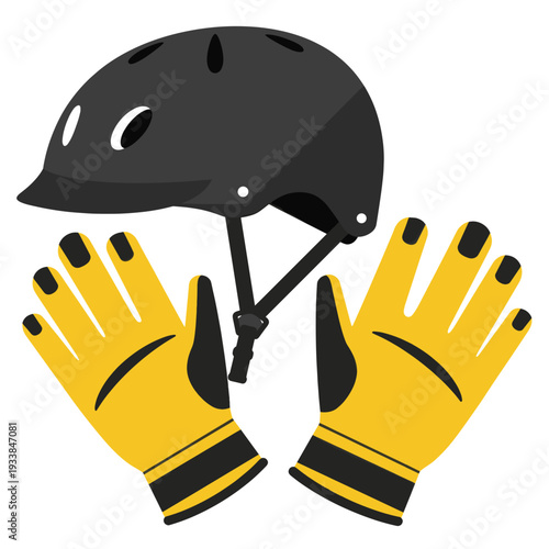 Black helmet and yellow gloves held up against a white background, showcasing safety gear