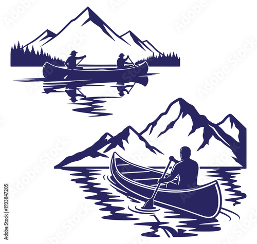 Canoeists paddling on a lake in front of mountains silhouettes outdoor adventure vector design