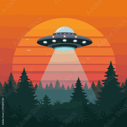 A UFO illuminated by a beam of light hovers over a forest at sunset, creating intrigue