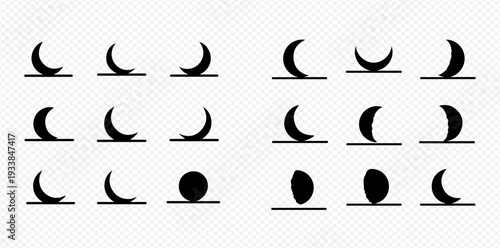 Set of black crescent moon and eclipse icons, representing various phases of the moon and lunar cycle on a transparent background.