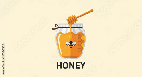 Honey Jar with Honey Dipper and Bee.