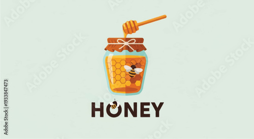 Jar of Honey with Wooden Dipper.