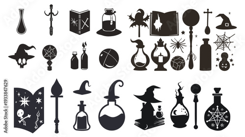 Halloween magic wand, spell book, potion bottle, and crystal ball, spooky witchcraft vector illustration