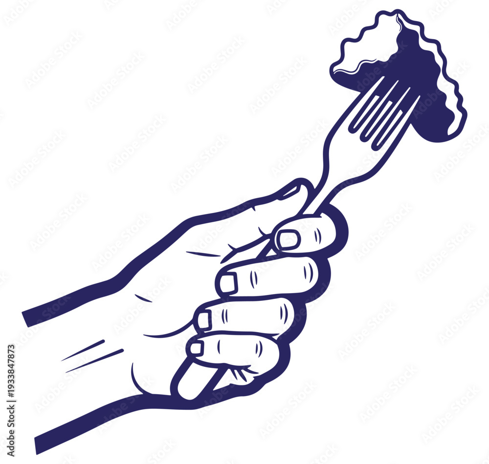 Obraz premium Hand holding a fork with food isolated on a white background minimal illustration
