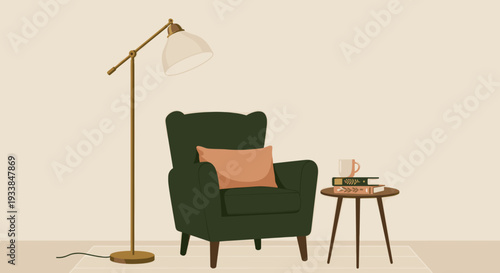Cozy living room scene featuring a green armchair, lamp, and side table with books