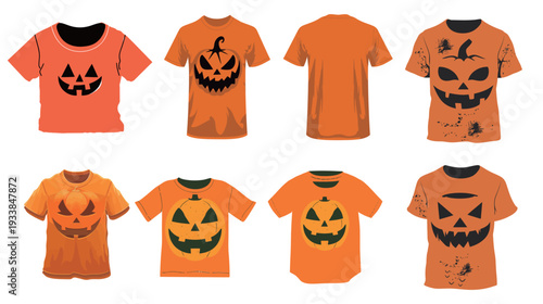 Halloween orange t-shirt flat lay mockup, front top view isolated on white background, seasonal clothing design