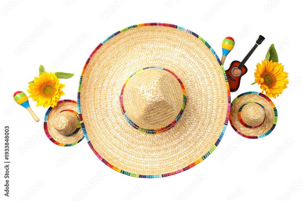 Fototapeta premium Celebrate Cinco de Mayo with sombreros and flowers, isolated, PNG