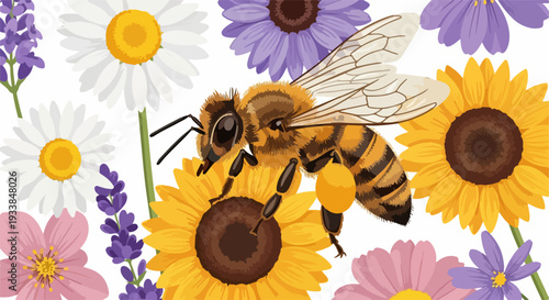 Honey bee pollination on sunflower, surrounded by colorful daisies, lavender blooms. Illustration depicts industrious insect collecting pollen, showcasing natural bee pollination.