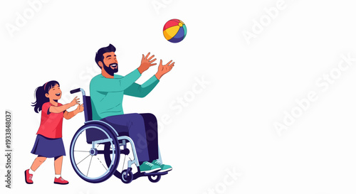 Man wheelchair child playing colorful ball, bearded father engaging with young daughter. Joyful interaction showcasing family bond, active lifestyle. Concept man wheelchair child inclusion,