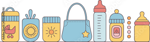 Baby care essentials illustration, feeding bottles, diaper bag, containers, parenting accessories, childcare items, pastel design, newborn infant parenting concept