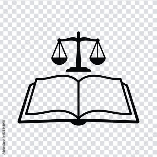 Black line icon of an open book with balance scales on top symbolizing justice and law