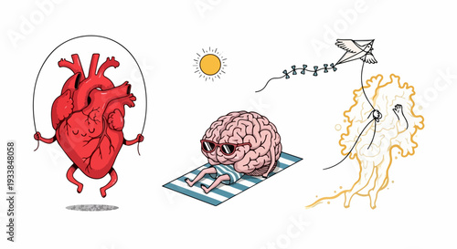 Illustrations showing mind body balance: heart skipping rope, brain relaxing on towel, ear with paper plane. Physical health, mental calm, communication support mind body balance.