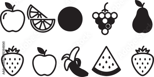 Black and white outline of fruit including apple orange blueberry grapes pear strawberry banana watermelon also transparent background