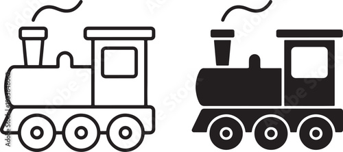Black and white outlines of two vintage steam locomotive trains facing opposite directions also transparent background